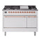 ILVE 48-Inch Nostalgie II Natural Gas Dual Fuel Range with 8 Burners, Griddle, and Solid Door Oven in White with Copper Trim (UP48FQNMPWHP)