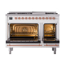 ILVE 48-Inch Nostalgie II Natural Gas Dual Fuel Range with 8 Burners, Griddle, and Solid Door Oven in White with Copper Trim (UP48FQNMPWHP)