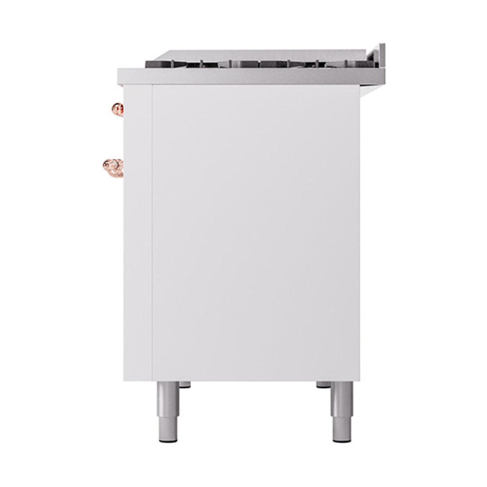 White range oven door with copper handle, rear burner panel, and four leveling feet