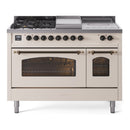 ILVE Nostalgie II 48-Inch Propane Gas Dual Fuel Range with 5 Burners, Griddle, & French Top with Triple Glass Door Oven in Antique White with Bronze Trim (UP48FSNMPAWBLP)