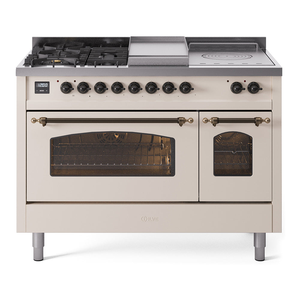 Antique white dual fuel range with bronze trim, six knobs and two oven glass doors