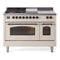 ILVE Nostalgie II 48-Inch Natural Gas Dual Fuel Range with 5 Burners, Griddle, & French Top with Triple Glass Door Oven in Antique White with Bronze Trim (UP48FSNMPAWB)