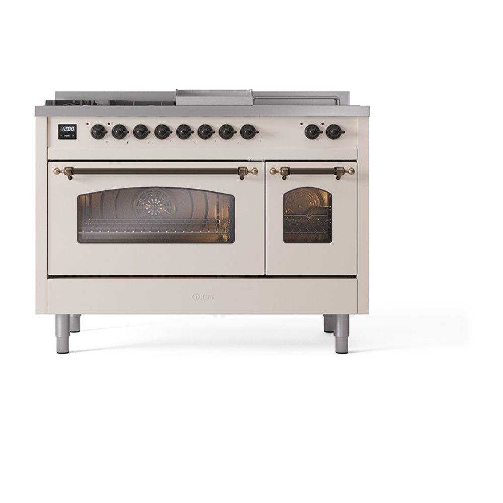 Antique white range with bronze knobs and dual oven doors with windowed glass