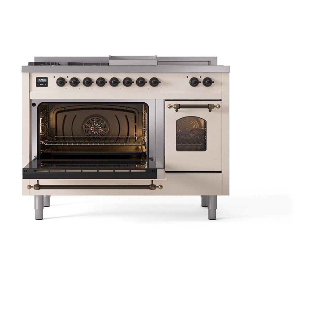 Antique white range with both oven doors open, interior visible with racks and burner area