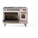 ILVE Nostalgie II 48-Inch Propane Gas Dual Fuel Range with 5 Burners, Griddle, & French Top with Triple Glass Door Oven in Antique White with Bronze Trim (UP48FSNMPAWBLP)
