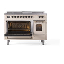 ILVE Nostalgie II 48-Inch Natural Gas Dual Fuel Range with 5 Burners, Griddle, & French Top with Triple Glass Door Oven in Antique White with Bronze Trim (UP48FSNMPAWB)
