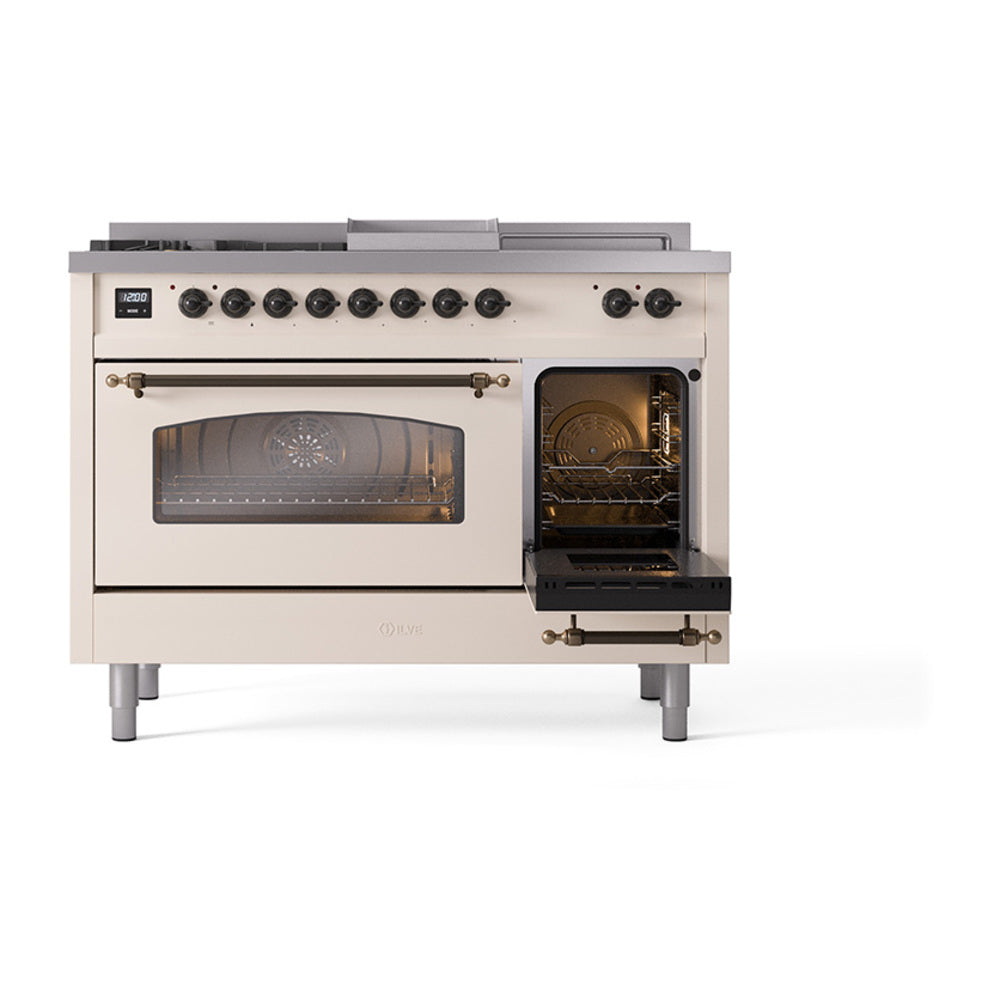 Antique white range with oven door open, showing interior racks and warm interior lighting