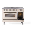 ILVE Nostalgie II 48-Inch Propane Gas Dual Fuel Range with 5 Burners, Griddle, & French Top with Triple Glass Door Oven in Antique White with Bronze Trim (UP48FSNMPAWBLP)