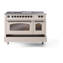 ILVE Nostalgie II 48-Inch Propane Gas Dual Fuel Range with 5 Burners, Griddle, & French Top with Triple Glass Door Oven in Antique White with Bronze Trim (UP48FSNMPAWBLP)