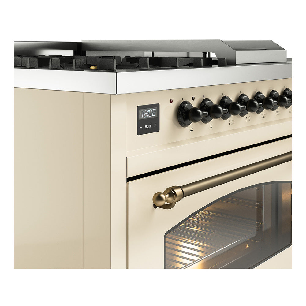 Antique white range front with bronze handle and open oven door window
