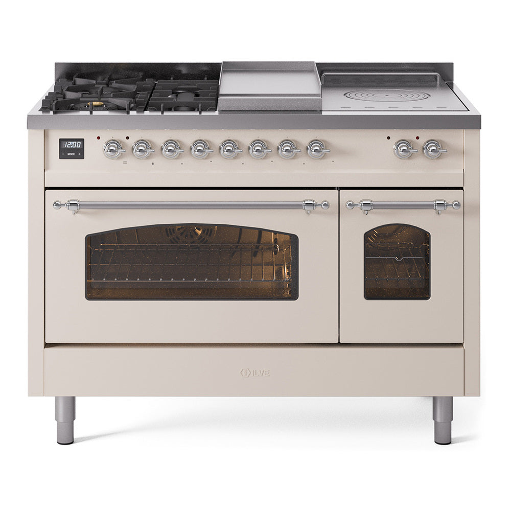 ILVE dual fuel gas range in antique white; burners and griddle on top, both ovens closed