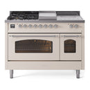 ILVE Nostalgie II 48-Inch Propane Gas Dual Fuel Range with 5 Burners, Griddle, & French Top with Triple Glass Door Oven in Antique White with Chrome Trim (UP48FSNMPAWCLP)