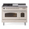 ILVE Nostalgie II 48-Inch Dual Fuel Range with 5 Burners, Griddle, & French Top with Triple Glass Door Oven in Antique White with Chrome Trim (UP48FSNMPAWC)