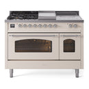 ILVE Nostalgie II 48-Inch Natural Gas Dual Fuel Range with 5 Burners, Griddle, & French Top with Triple Glass Door Oven in Antique White with Chrome Trim (UP48FSNMPAWC)