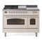 ILVE Nostalgie II 48-Inch Natural Gas Dual Fuel Range with 5 Burners, Griddle, & French Top with Triple Glass Door Oven in Antique White with Chrome Trim (UP48FSNMPAWC)