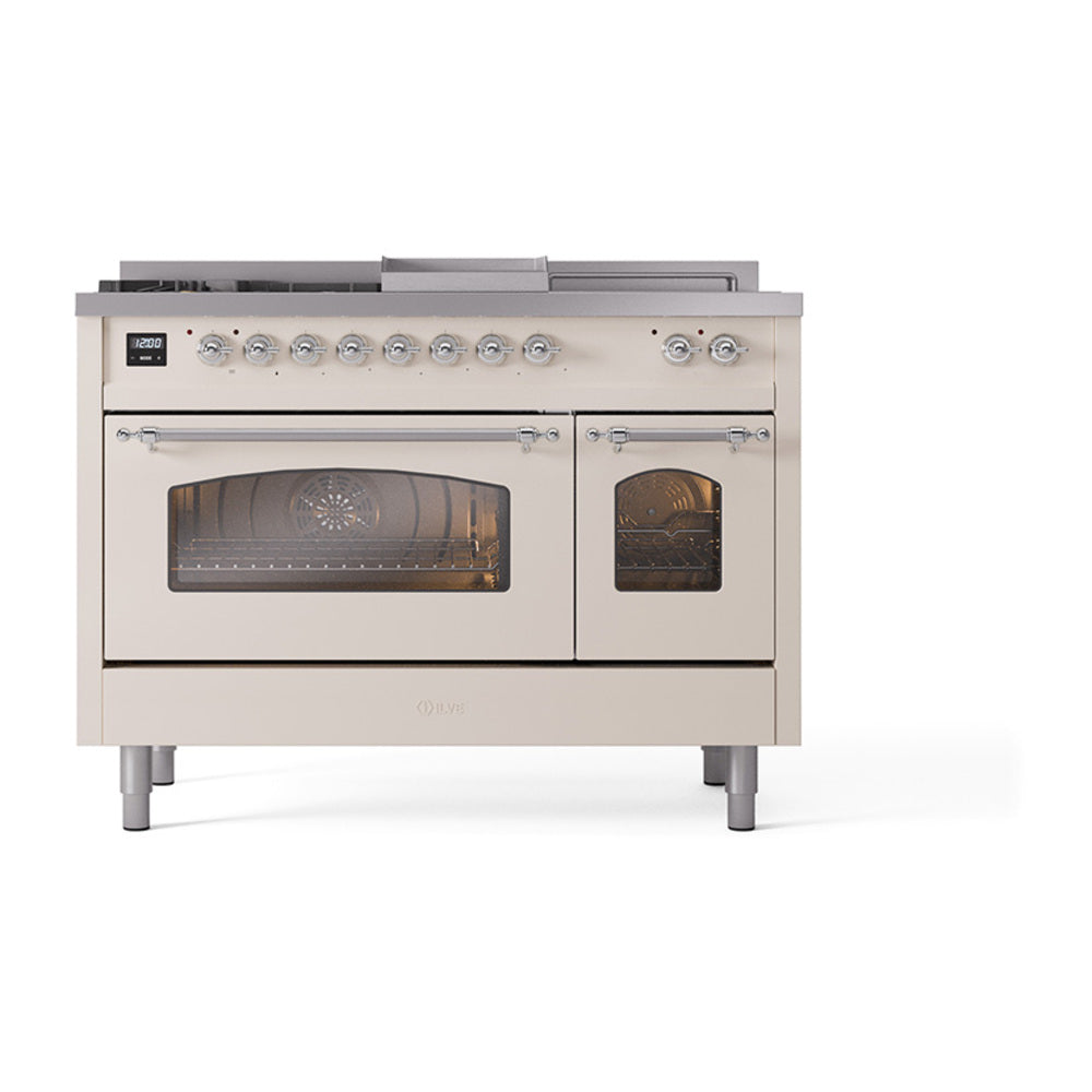 ILVE dual fuel gas range in antique white with chrome trim; oven doors closed