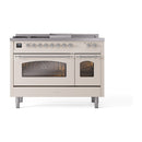 ILVE Nostalgie II 48-Inch Propane Gas Dual Fuel Range with 5 Burners, Griddle, & French Top with Triple Glass Door Oven in Antique White with Chrome Trim (UP48FSNMPAWCLP)