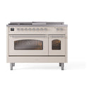 ILVE Nostalgie II 48-Inch Natural Gas Dual Fuel Range with 5 Burners, Griddle, & French Top with Triple Glass Door Oven in Antique White with Chrome Trim (UP48FSNMPAWC)