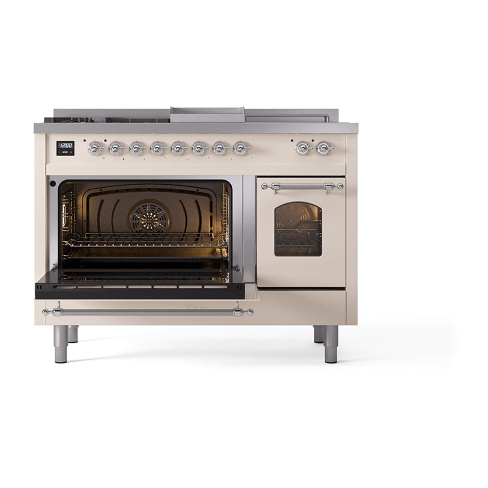 ILVE dual fuel gas range, antique white; left oven open and right oven closed