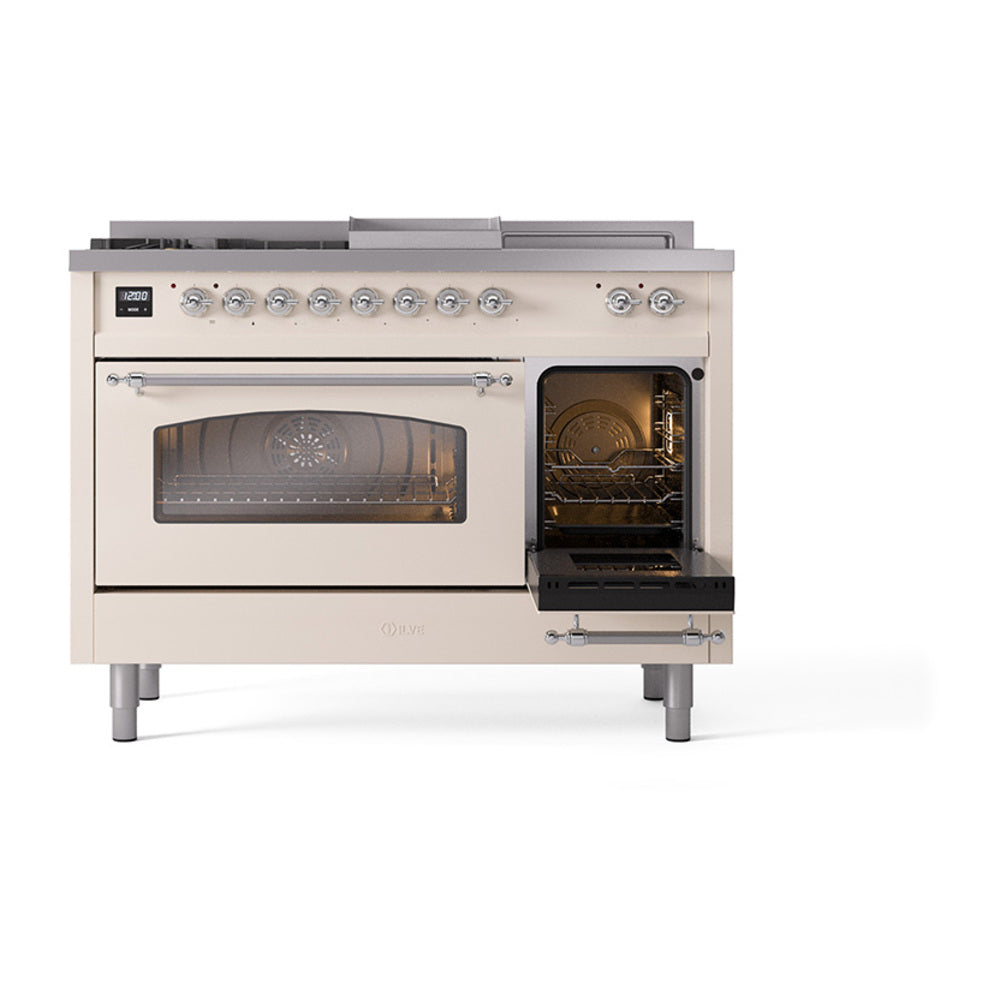 Antique white range with oven door closed; interior visible through large glass window