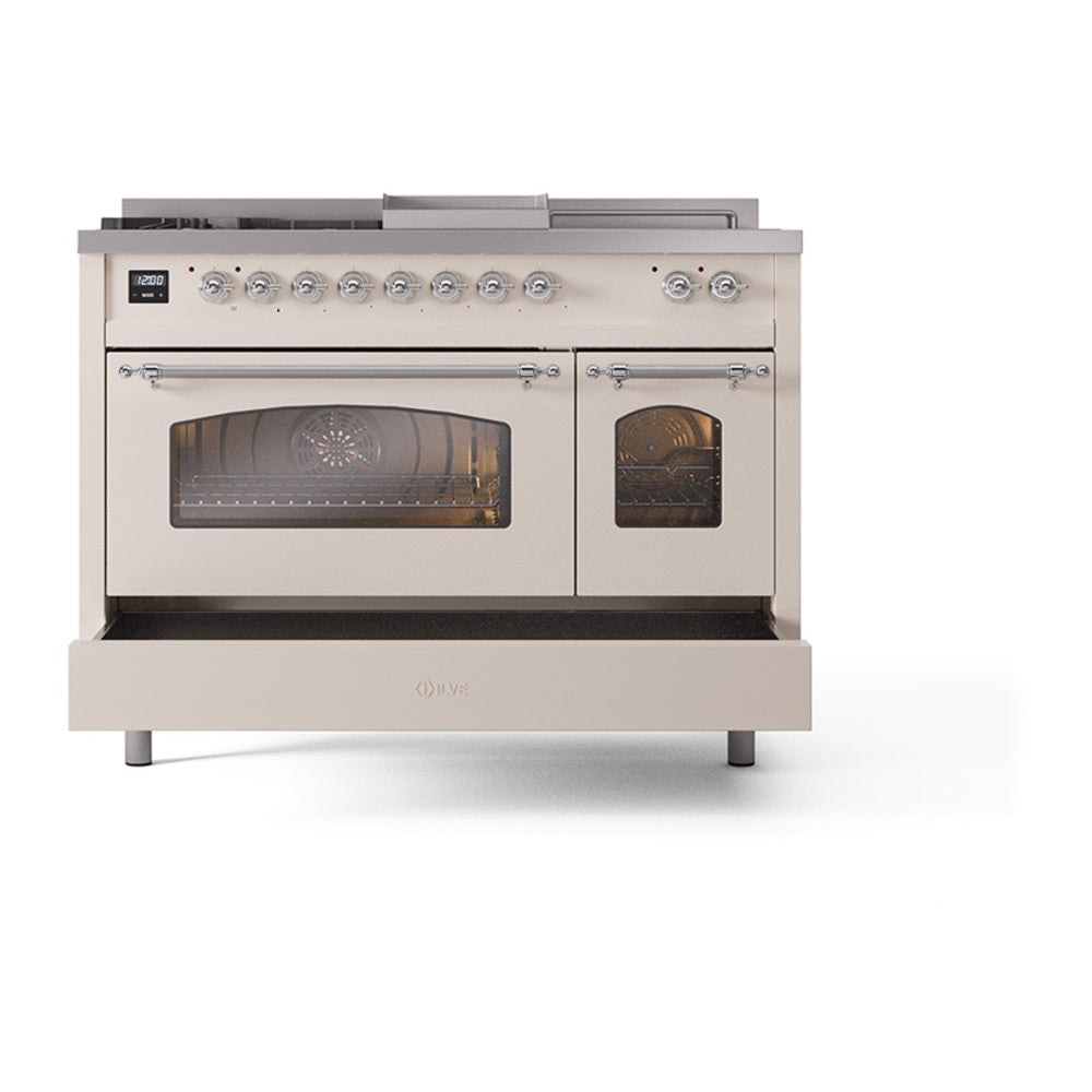 ILVE dual fuel gas range, antique white; both oven doors closed and lower drawer visible