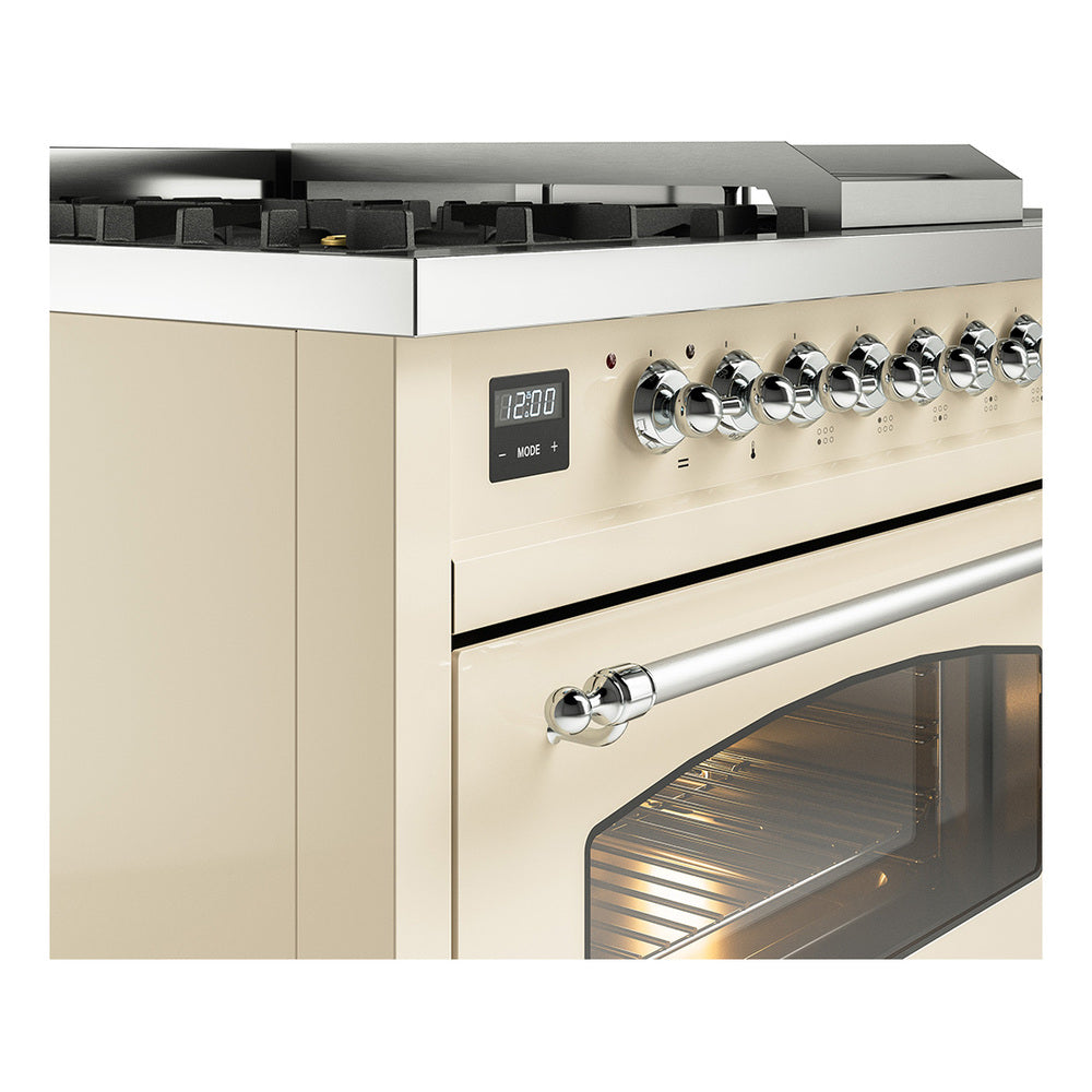 ILVE dual fuel gas range control panel with chrome knobs and oven door handle