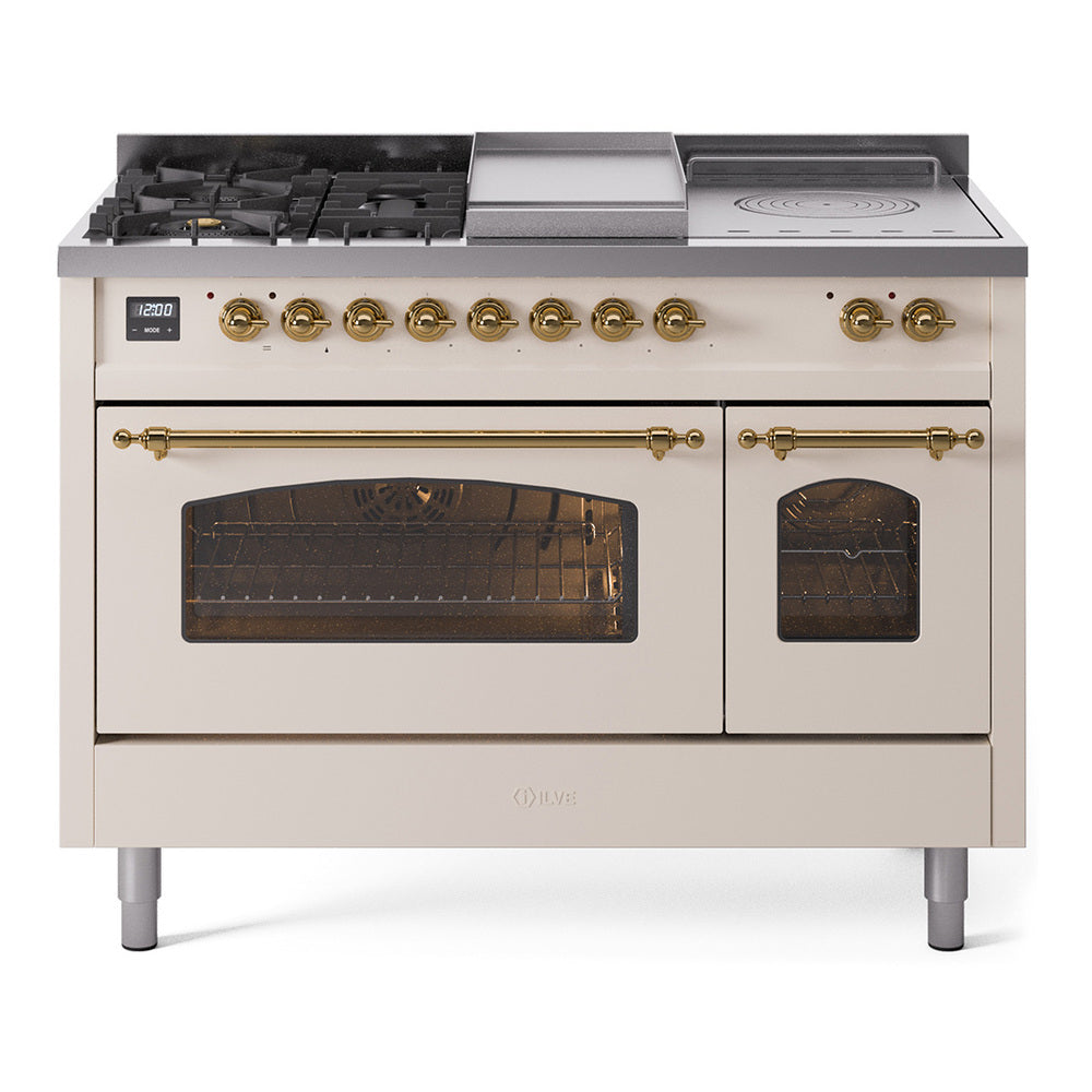 Antique white dual fuel range with brass knobs, gas burners, griddle, and two ovens