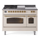 ILVE Nostalgie II 48-Inch Propane Gas Dual Fuel Range with 5 Burners, Griddle, & French Top with Triple Glass Door Oven in Antique White with Brass Trim (UP48FSNMPAWGLP)