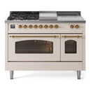 ILVE Nostalgie II 48-Inch Natural Gas Dual Fuel Range with 5 Burners, Griddle, & French Top with Triple Glass Door Oven in Antique White with Brass Trim (UP48FSNMPAWG)