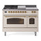 ILVE Nostalgie II 48-Inch Dual Fuel Range with 5 Burners, Griddle, & French Top with Triple Glass Door Oven in Antique White with Brass Trim (UP48FSNMPAWG)