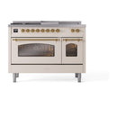 ILVE Nostalgie II 48-Inch Natural Gas Dual Fuel Range with 5 Burners, Griddle, & French Top with Triple Glass Door Oven in Antique White with Brass Trim (UP48FSNMPAWG)