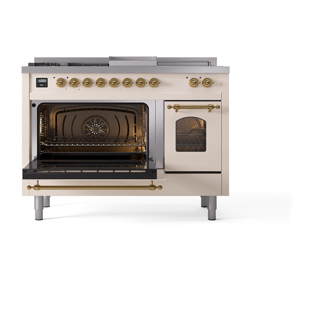 Antique white dual fuel range with both ovens open and brass-trim door handles
