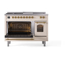 ILVE Nostalgie II 48-Inch Propane Gas Dual Fuel Range with 5 Burners, Griddle, & French Top with Triple Glass Door Oven in Antique White with Brass Trim (UP48FSNMPAWGLP)