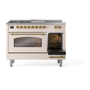 ILVE Nostalgie II 48-Inch Propane Gas Dual Fuel Range with 5 Burners, Griddle, & French Top with Triple Glass Door Oven in Antique White with Brass Trim (UP48FSNMPAWGLP)