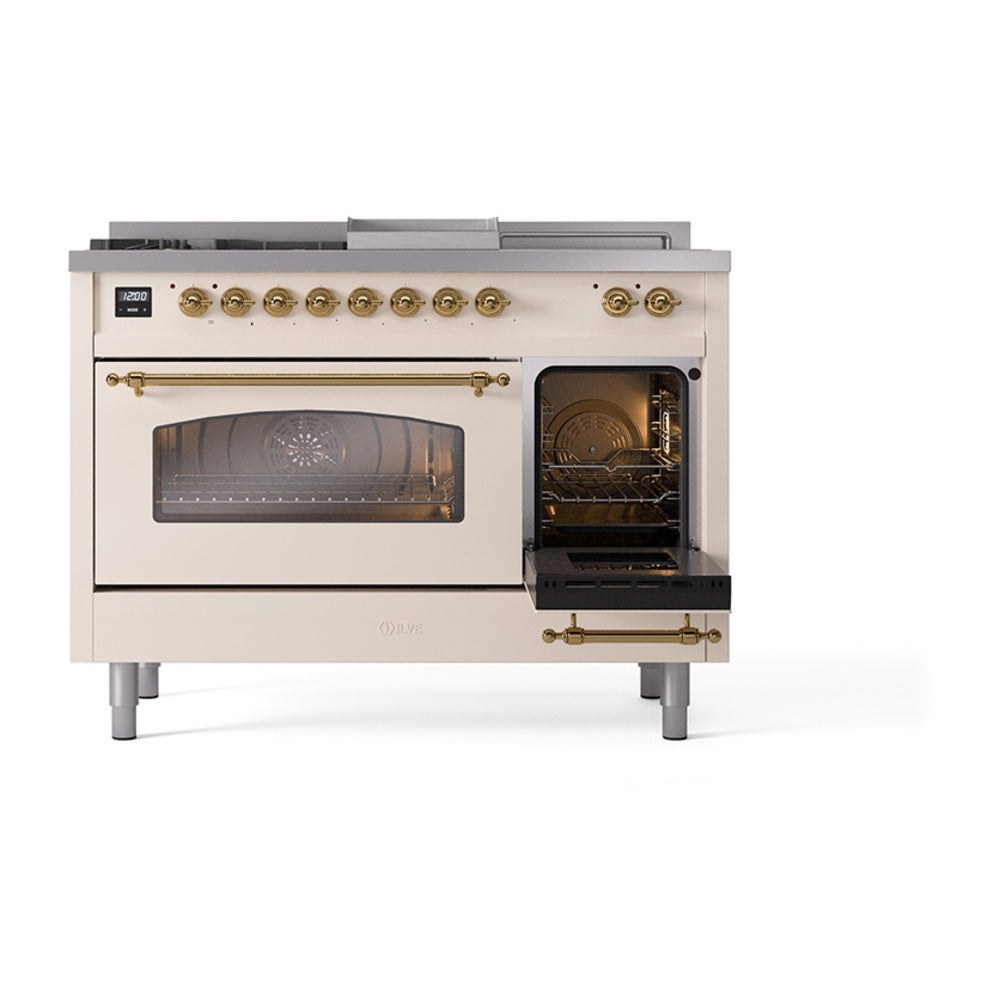 Dual fuel range with left oven open and brass trim, right oven closed in antique white