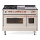 ILVE Nostalgie II 48-Inch Propane Gas Dual Fuel Range with 5 Burners, Griddle, & French Top with Triple Glass Door Oven in Antique White with Copper Trim (UP48FSNMPAWPLP)
