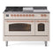 ILVE Nostalgie II 48-Inch Natural Gas Dual Fuel Range with 5 Burners, Griddle, & French Top with Triple Glass Door Oven in Antique White with Copper Trim (UP48FSNMPAWP)