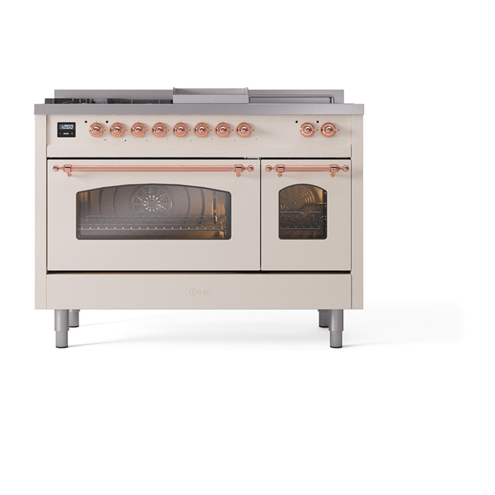 Antique white range with copper burner knobs and two oven doors, side view.