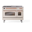 ILVE Nostalgie II 48-Inch Natural Gas Dual Fuel Range with 5 Burners, Griddle, & French Top with Triple Glass Door Oven in Antique White with Copper Trim (UP48FSNMPAWP)