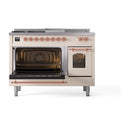 ILVE Nostalgie II 48-Inch Propane Gas Dual Fuel Range with 5 Burners, Griddle, & French Top with Triple Glass Door Oven in Antique White with Copper Trim (UP48FSNMPAWPLP)