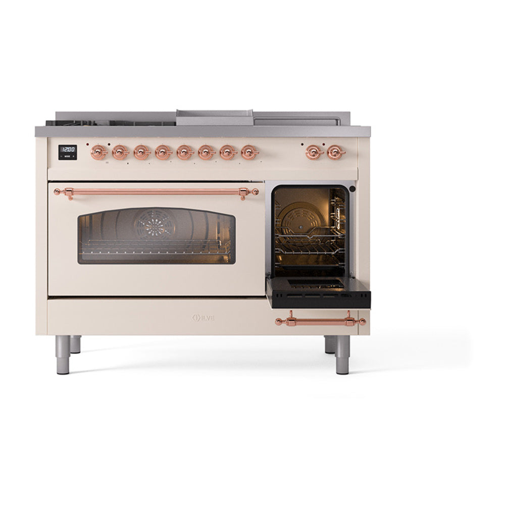 Antique white gas dual-fuel range with copper control knobs and glass oven door