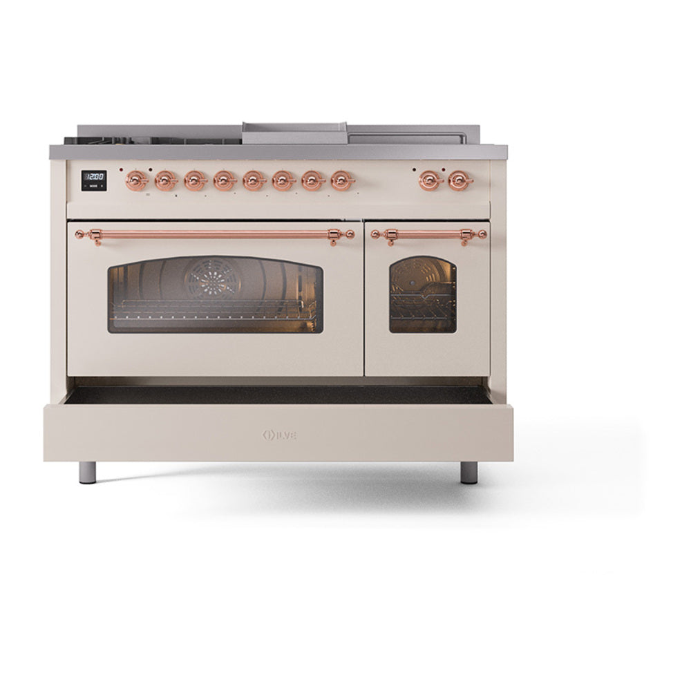 Antique white range with copper trim; both oven doors closed with glass windows