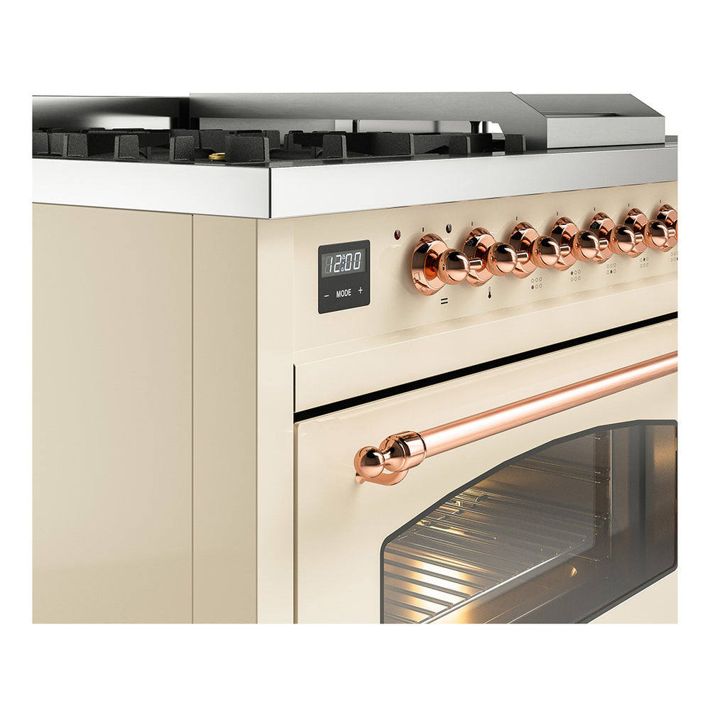 Antique white range with copper control knobs and burner griddle across top