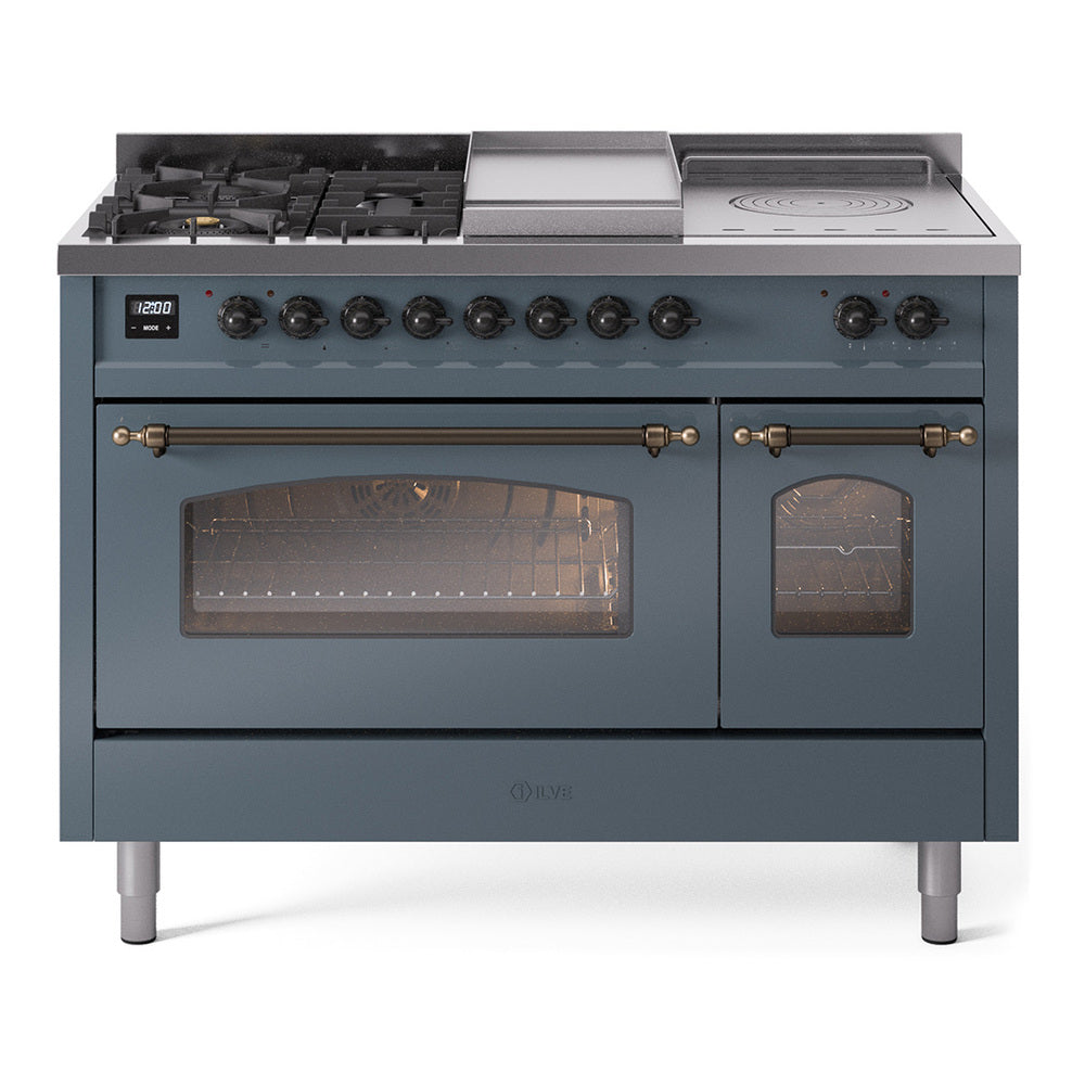 Blue-grey dual-fuel gas range showing burners, griddle, and dual oven doors