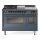 ILVE Nostalgie II 48-Inch Propane Gas Dual Fuel Range with 5 Burners, Griddle, & French Top with Triple Glass Door Oven in Blue Grey with Bronze Trim (UP48FSNMPBGBLP)