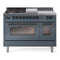 ILVE Nostalgie II 48-Inch Dual Fuel Range with 5 Burners, Griddle, & French Top with Triple Glass Door Oven in Blue Grey with Bronze Trim (UP48FSNMPBGB)