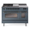 ILVE Nostalgie II 48-Inch Natural Gas Dual Fuel Range with 5 Burners, Griddle, & French Top with Triple Glass Door Oven in Blue Grey with Bronze Trim (UP48FSNMPBGB)
