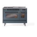 ILVE Nostalgie II 48-Inch Natural Gas Dual Fuel Range with 5 Burners, Griddle, & French Top with Triple Glass Door Oven in Blue Grey with Bronze Trim (UP48FSNMPBGB)