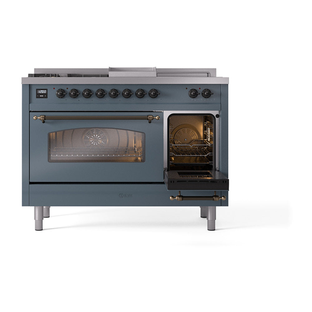 Blue-grey dual-fuel gas range with left oven door open and right oven access door