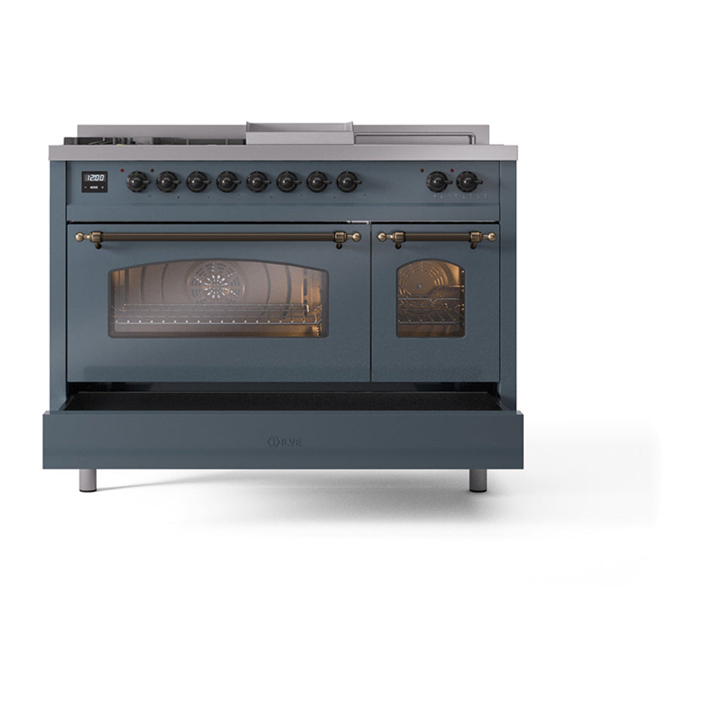 Blue-grey dual-fuel gas range with triple-glass oven door and burner control knobs
